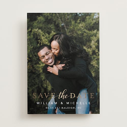 This is a charcoal foil stamped save the date cards with foil pressed by MC Designs called convey our love printing on recycled smooth signature in standard