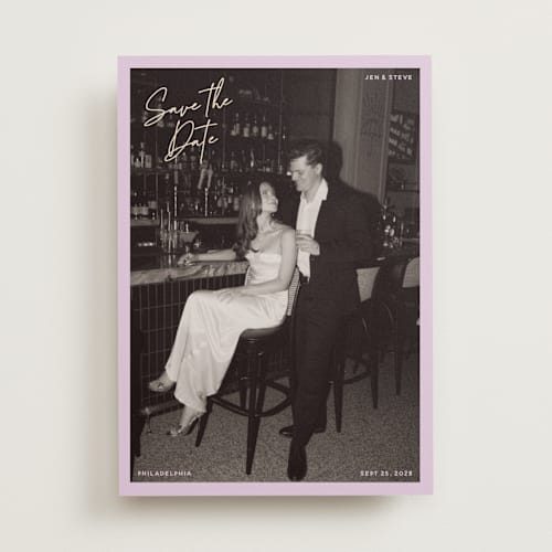 This is a lilac foil stamped save the date cards with foil pressed by Inkblot Design called corners printing on recycled smooth signature in standard