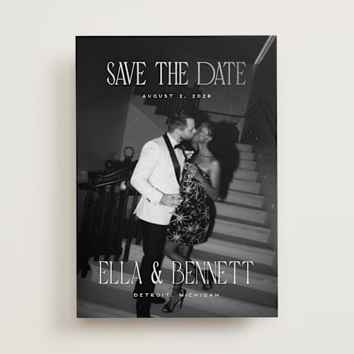 This is a snow foil stamped save the date cards with foil pressed by Pixel and Hank called gaze printing on recycled smooth signature in standard