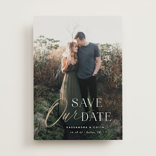 This is a pearl foil stamped save the date cards with foil pressed by Jennifer Postorino called poetic printing on recycled smooth signature in standard
