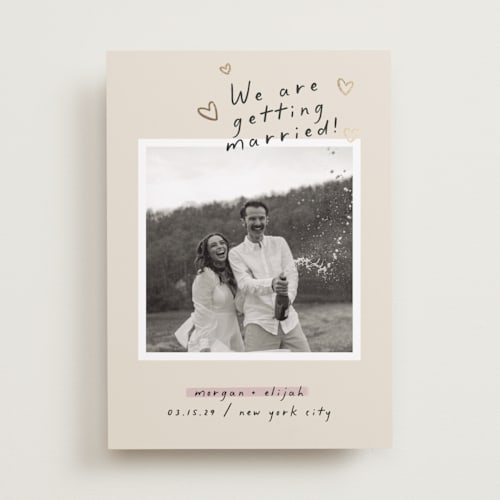 This is a nero foil stamped save the date cards with foil pressed by Pati Cascino called surprise! printing on recycled smooth signature in standard