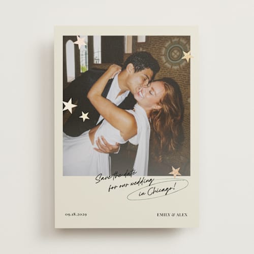 This is a buttercream foil stamped save the date cards with foil pressed by Helena Vitto called stars printing on recycled smooth signature in standard