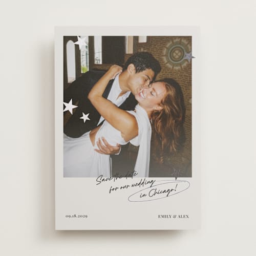 This is a azure foil stamped save the date cards with foil pressed by Helena Vitto called stars printing on recycled smooth signature in standard