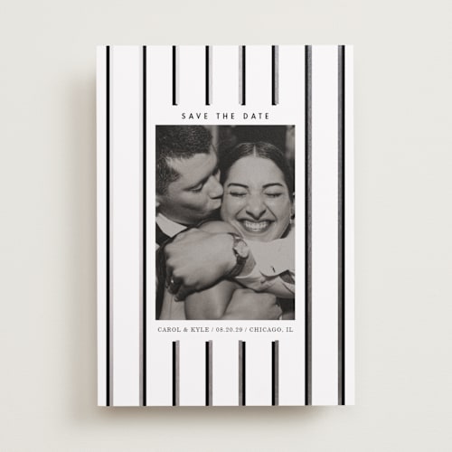 This is a snow foil stamped save the date cards with foil pressed by Baumbirdy called stripes printing on recycled smooth signature in standard