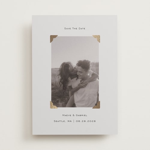This is a cream foil stamped save the date cards with foil pressed by Jenny Millington called scrapbook frame printing on recycled smooth signature in standard