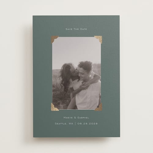 This is a moss foil stamped save the date cards with foil pressed by Jenny Millington called scrapbook frame printing on recycled smooth signature in standard