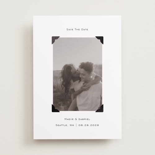 This is a quartz foil stamped save the date cards with foil pressed by Jenny Millington called scrapbook frame printing on recycled smooth signature in standard