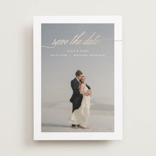 This is a shell foil stamped save the date cards with foil pressed by Pixel and Hank called admire printing on recycled smooth signature in standard