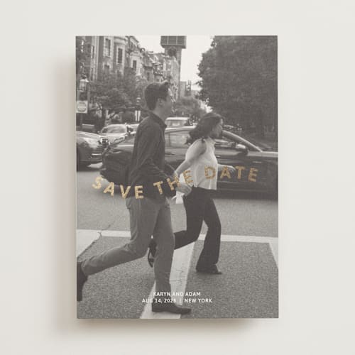This is a nude foil stamped save the date cards with foil pressed by Inkblot Design called wavy printing on recycled smooth signature in standard