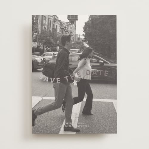 This is a greige foil stamped save the date cards with foil pressed by Inkblot Design called wavy printing on recycled smooth signature in standard