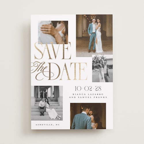 This is a paperwhite foil stamped save the date cards with foil pressed by Laura Hankins called layered printing on recycled smooth signature in standard