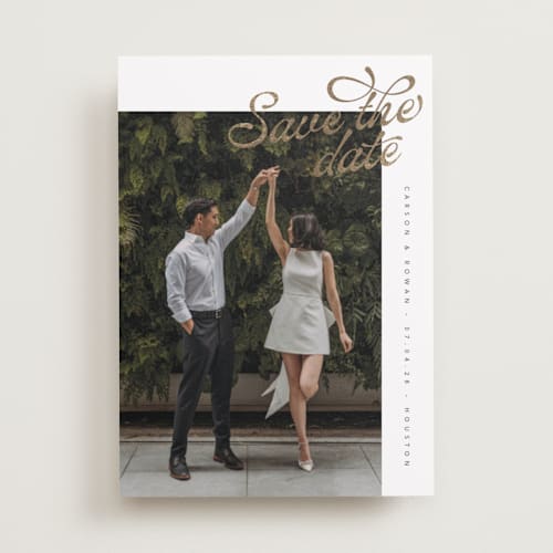 This is a pearl foil stamped save the date cards with foil pressed by Chryssi Tsoupanarias called swirling printing on recycled smooth signature in standard