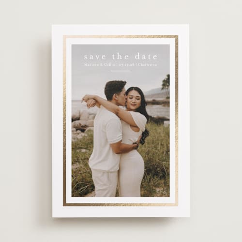 This is a spun sugar foil stamped save the date cards with foil pressed by Jessica Williams called dulcet printing on recycled smooth signature in standard