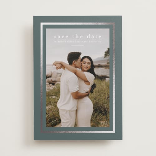 This is a juniper foil stamped save the date cards with foil pressed by Jessica Williams called dulcet printing on recycled smooth signature in standard