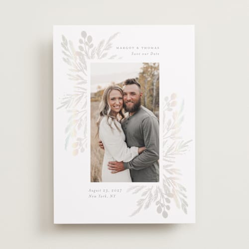 This is a silver eucalyptus save the date with gloss press by Hudson meet Rose called forever & always printing on recycled smooth signature in standard