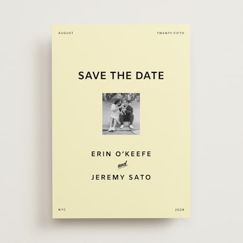 This is a butter save the date with standard by Studio Suku called courthouse printing on recycled smooth signature in standard