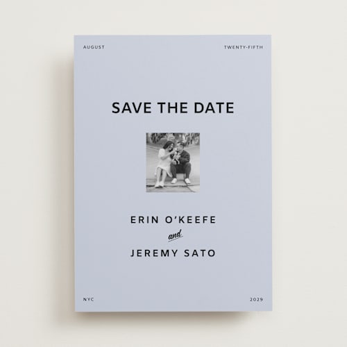 This is a sky save the date with standard by Studio Suku called courthouse printing on recycled smooth signature in standard