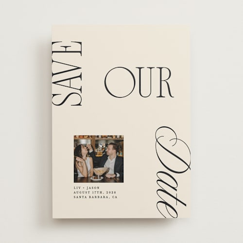 This is a buttercream save the date with standard by Olivia Goree called true romance printing on recycled smooth signature in standard