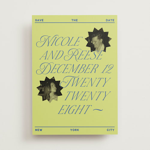 This is a chartreuse save the date with standard by Jennifer Lew called communiqué printing on recycled smooth signature in standard