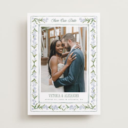 This is a wisteria save the date with standard by Jenna Holcomb called vintage sketched printing on recycled smooth signature in standard