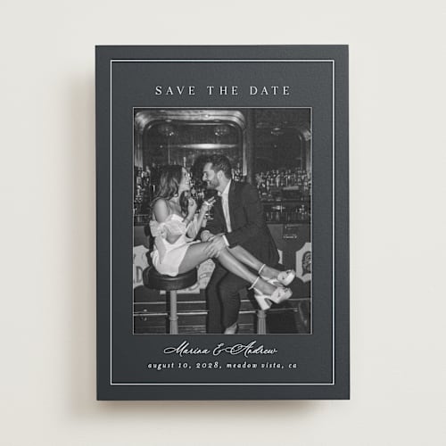 This is a navy blue save the date with standard by Nicole Walsh called refined printing on recycled smooth signature in standard