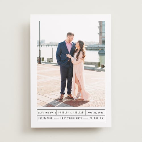 This is a blazer save the date with standard by Fine and Dandy Paperie called between the lines printing on recycled smooth signature in standard