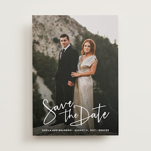 This is a cloud save the date with standard by Hooray Creative called stylish script printing on recycled smooth signature in 5x7