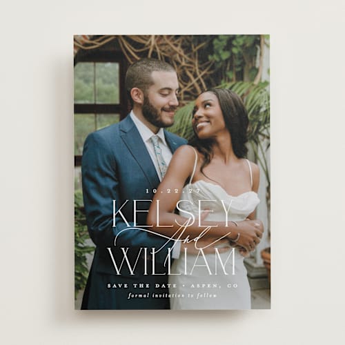 This is a pearl save the date with standard by Brooke Chandler called l'amour printing on recycled smooth signature in standard