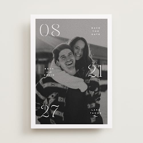 This is a classic save the date with standard by Olivia Kanaley Inman called elements printing on recycled smooth signature in standard