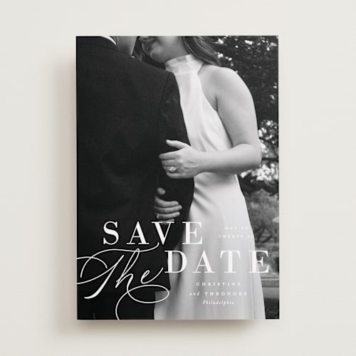 This is a cloud save the date with standard by Ashley Rosenbaum called composition printing on recycled smooth signature in standard