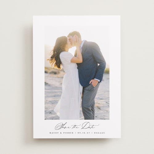 This is a sugar save the date with standard by Jessica Williams called harmonious printing on recycled smooth signature in standard