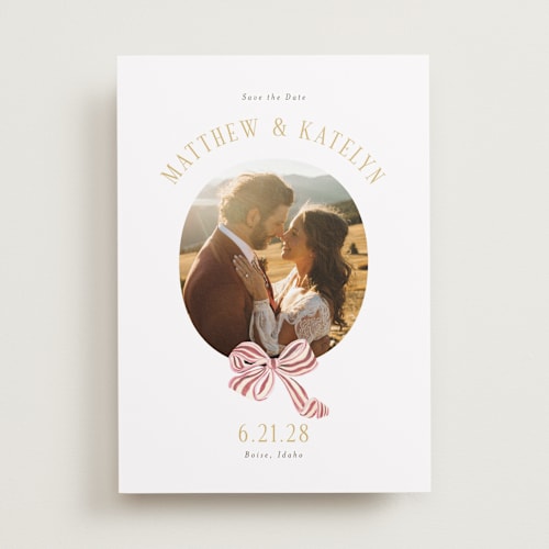 This is a rose save the date with standard by Itsy Belle Studio called ruban en fleur printing on recycled smooth signature in standard