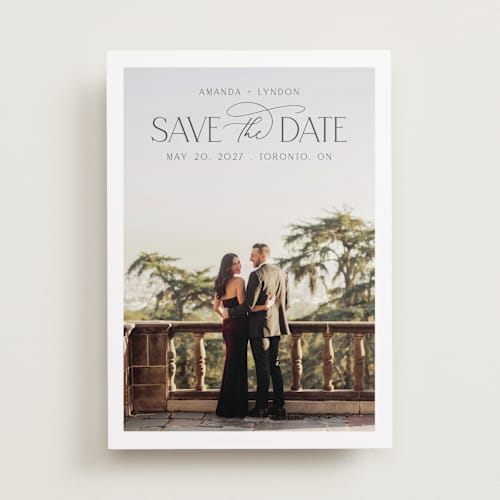 This is a cloud save the date with standard by Nicole Walsh called flourish printing on recycled smooth signature in standard