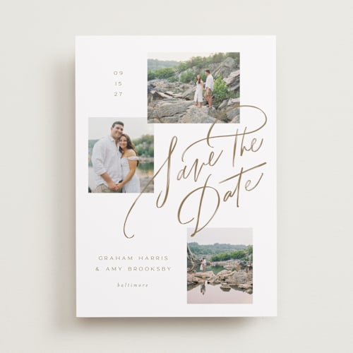 This is a sandstone save the date with standard by Erin L. Wilson called let's escape printing on recycled smooth signature in standard