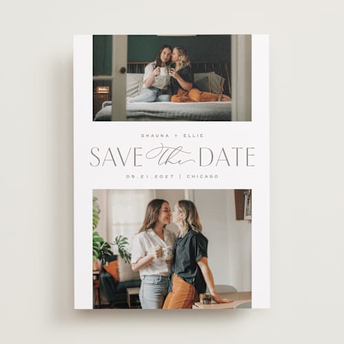 This is a sandstone save the date with standard by Pixel and Hank called duet printing on recycled smooth signature in standard