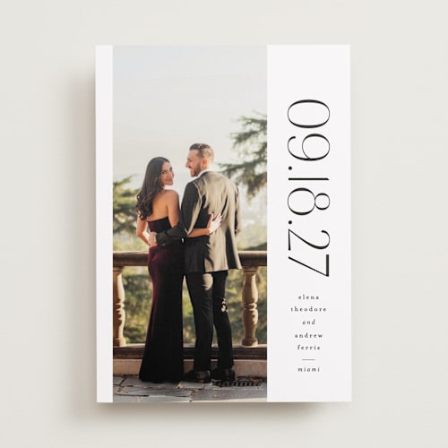 This is a tux save the date with standard by Lea Delaveris called heights printing on recycled smooth signature in standard