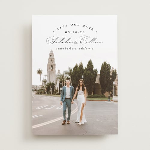 This is a onyx save the date with standard by Erica Krystek called arched type printing on recycled smooth signature in standard