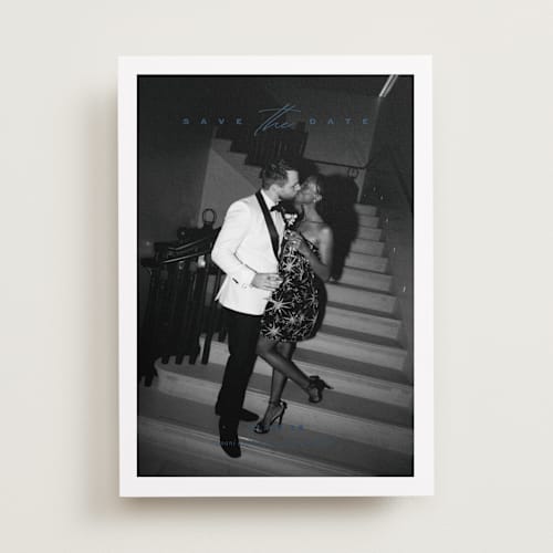 This is a midnight blue save the date with standard by Eric Clegg called casual elegance printing on recycled smooth signature in standard