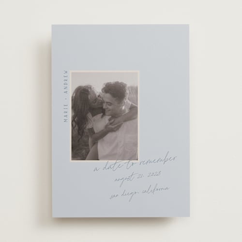 This is a cornflower save the date with standard by Vera Lim called offset printing on recycled smooth signature in standard