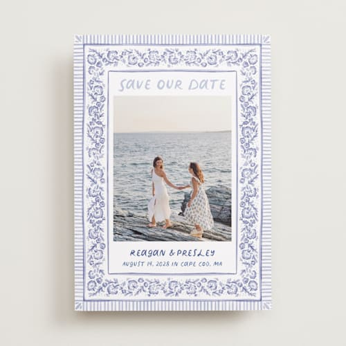 This is a cerulean save the date with standard by Jenna Holcomb called provincial printing on recycled smooth signature in standard
