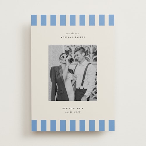 This is a sky save the date with standard by Jackie Crawford called modern border printing on recycled smooth signature in standard