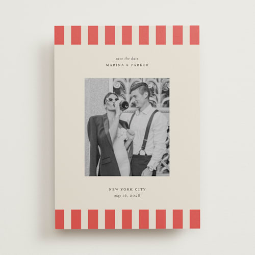 This is a tomato save the date with standard by Jackie Crawford called modern border printing on recycled smooth signature in standard