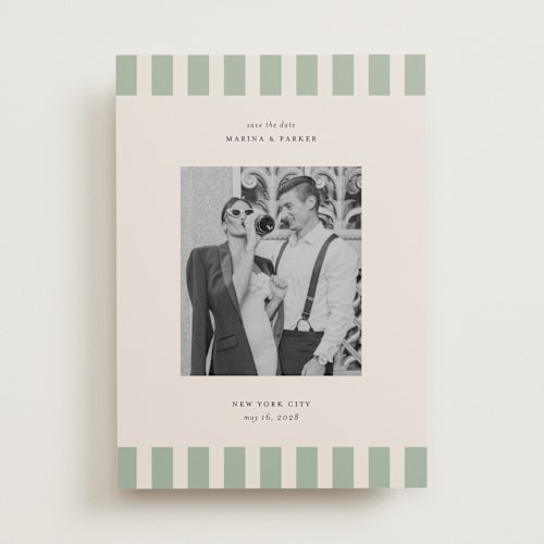 This is a grass save the date with standard by Jackie Crawford called modern border printing on recycled smooth signature in standard
