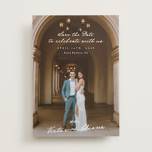 This is a ivory save the date with standard by Alethea and Ruth called celebration xo printing on recycled smooth signature in standard