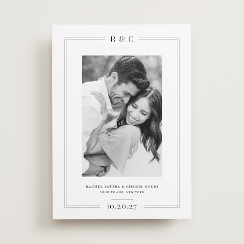 This is a ebony save the date with standard by Meagan Christensen called alcott printing on recycled smooth signature in 5x7