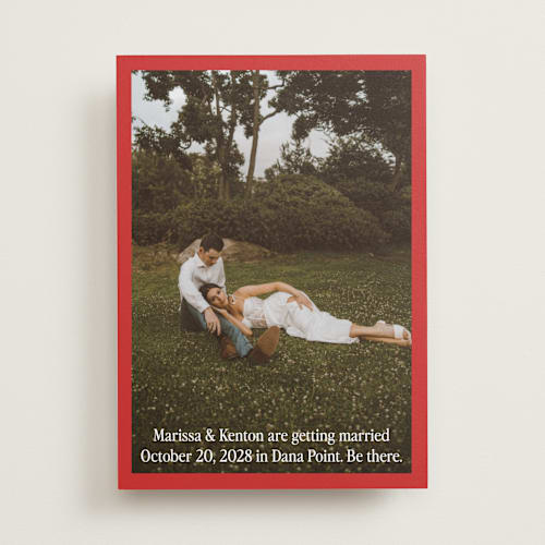 This is a cherry save the date with standard by Becky Nimoy called black border printing on recycled smooth signature in standard