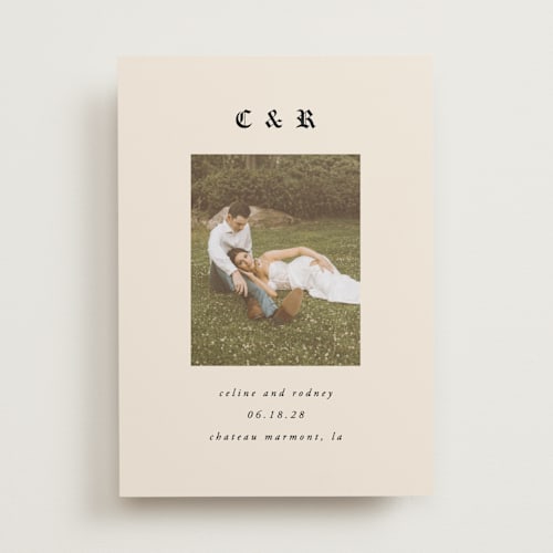 This is a ecru save the date with standard by AK Graphics called marmont printing on recycled smooth signature in standard