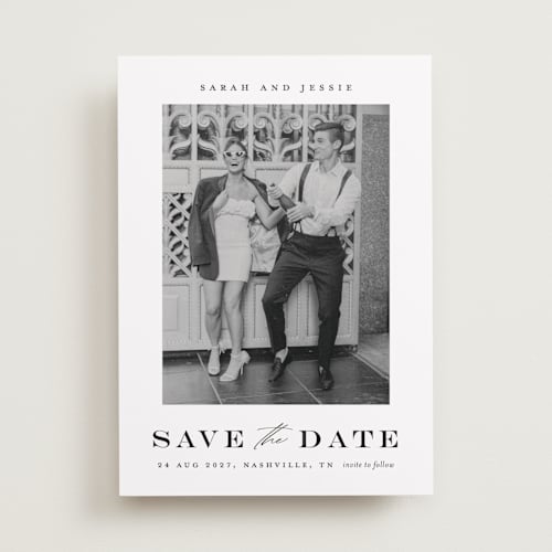 This is a midnight save the date with standard by Stacey Meacham called classic charm printing on recycled smooth signature in standard