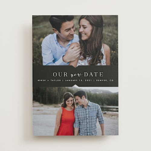 This is a charcoal save the date with standard by Carly Reed Walker called liebe printing on recycled smooth signature in standard