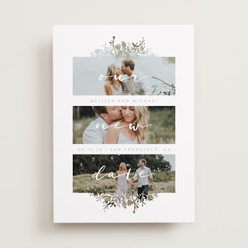 This is a stone save the date with standard by JeAnna Casper called whispers printing on recycled smooth signature in standard